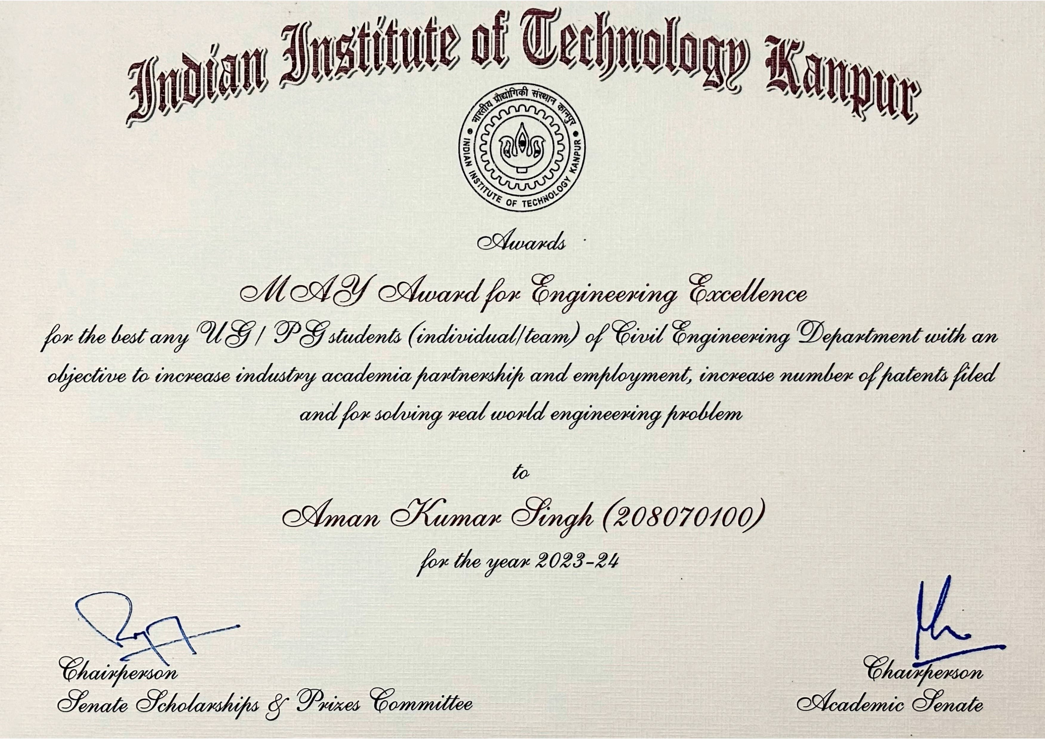 MAY Award Certificate